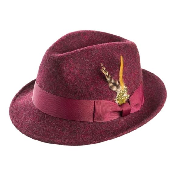 MEN'S MONTIQUE 2" SNAP BRIM CRUSHABLE 100% WOOL FELT FEDORA HAT. H10 WINE. - Picture 2 of 4